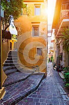 Street in the old town of Chania, Crete, Greece. Charming streets of Greek islands, Crete. Beautiful street in Chania, Crete