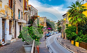 Street in the old town of Chania, Crete, Greece. Charming streets of Greek islands, Crete. Beautiful street in Chania, Crete