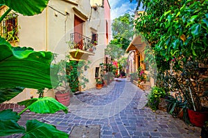 Street in the old town of Chania, Crete, Greece. Charming streets of Greek islands, Crete. Beautiful street in Chania, Crete