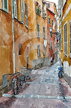 Street the old town of Nice, Digital illustration in watercolor  painting style