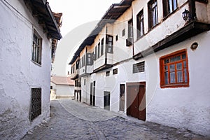 Street with ottoman style houses in Kutahya Turkey