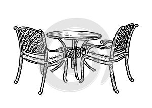 Street outdoor furniture in the summer cafe. Small round table with two wicker armchairs. Vector sketch hand drawn illustration