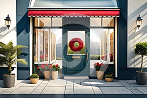 Street Outdoor View Of A Generic Flower Or Roses Shop Display Welcome Window With Blank Clean Signboard Mockup -. Generative AI