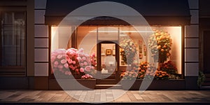 Street outdoor view of a luxury boutique flower or roses shop display welcome window. Generative AI
