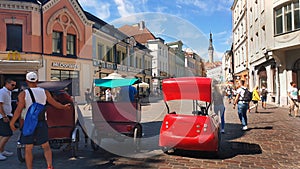 Rickshaw bike  Street Cafe Lifestyle Tourist In the Old Town of Tallinn 2019,17.06 Summer in Estonia Europe Rickshaw bike