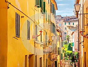 Street panorama in the old medieval city of Italy.