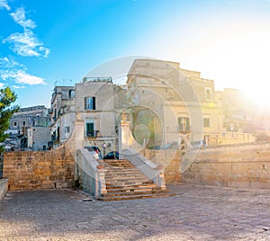 Street panorama in the old medieval city of Italy at sunset.