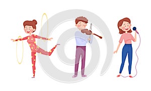 Street Performance with Man Artist Playing Violin and Woman Juggling Hula Hoops Vector Set