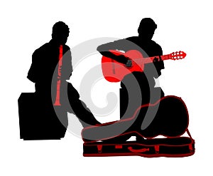 Street performers with guitar and flute, clarinet vector silhouette illustration isolated on white background. Guitar player