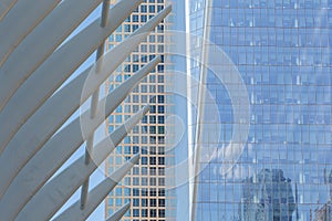 Street perspective New Yorker glass buildings.