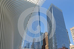 Street perspective New Yorker glass buildings. photo