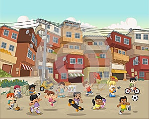Street of poor neighborhood with cartoon children playing. photo