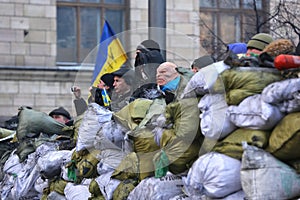 Street protests in Kiev, a barricade with revolutionaries.