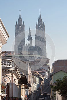 Street of QuIto early with the cathedral