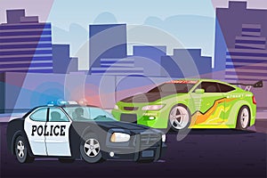 Street racing in city scene with chasing police photo