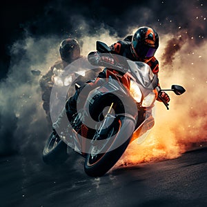 street racing motorbike with dramatic smoke effect, generative ai