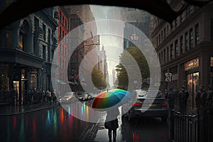 street with rainbow umbrella looking over bustling cityscape in the rain