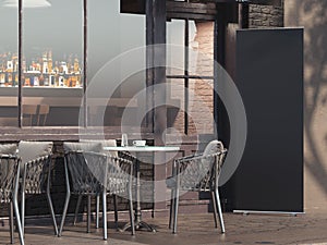 Street restaurant with black rollup banner. 3d rendering photo