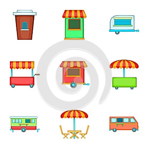Street retail and market icons set, cartoon style