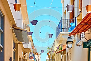 Street in Rethymno decorated with lampshades