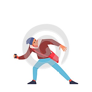 Street riots. An aggressive man of Radical youth throws a stone at the riot police. Flat style character vector