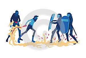 Street riots and protests. Protesting men with a Molotov cocktail are confronting the police. Vector illustration