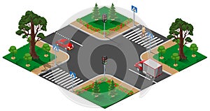 Street road intersection with traffic light. Pedestrian man crosses zebra road