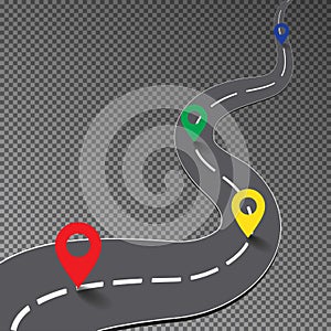 Street road with map point isolated on transparent background, curve way to goal, racing track, bus