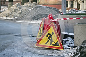 Street road under construction. Road sign.