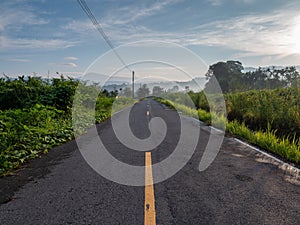 Street road way and mountain green nature with blue sky and copy