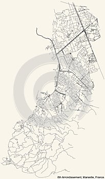 Street roads map of the 8th Arrondissement of Marseille, France