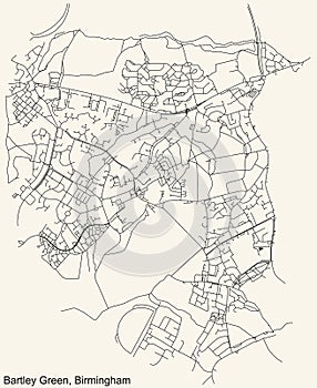 Street roads map of the Bartley Green neighborhood of Birmingham, United Kingdom