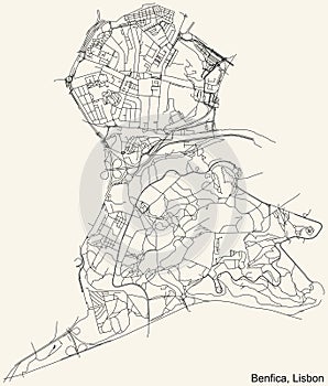 Street roads map of the Benfica civil parish of Lisbon, Portugal
