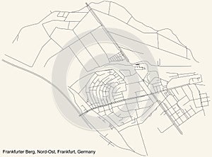 Street roads map of the Frankfurter Berg city district of the Nord-Ost urban district ortsbezirk of Frankfurt am Main, Germany