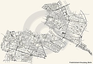Street roads map of the Friedrichshain-Kreuzberg borough bezirk of Berlin, Germany