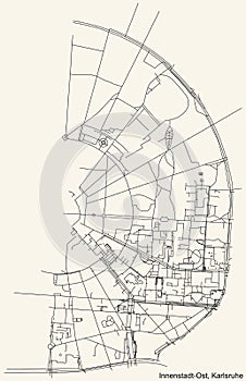 Street roads map of the Innenstadt-Ost district of Karlsruhe, Germany