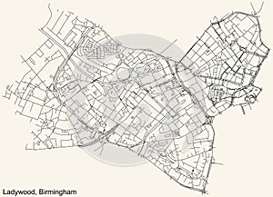 Street roads map of the Ladywood neighborhood of Birmingham, United Kingdom