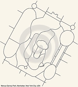 Street roads map of the Marcus Garvey Park neighborhood of the Manhattan borough of New York City, USA