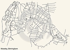 Street roads map of the Moseley neighborhood of Birmingham, United Kingdom