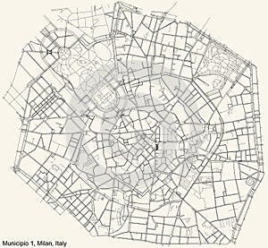 Street roads map of the Municipio 1 Zone of Milan, Italy Centro storico