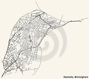 Street roads map of the Nechells neighborhood of Birmingham, United Kingdom