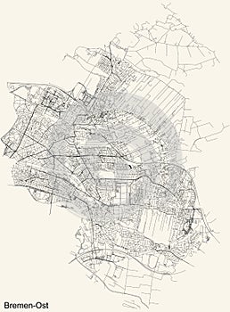 Street roads map of the Ost East district of Bremen, Germany