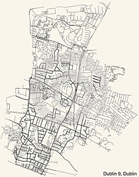 Street roads map of the Postal district 9 D9 of Dublin, Ireland
