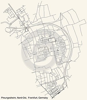 Street roads map of the Preungesheim city district of the Nord-Ost urban district ortsbezirk of Frankfurt am Main, Germany
