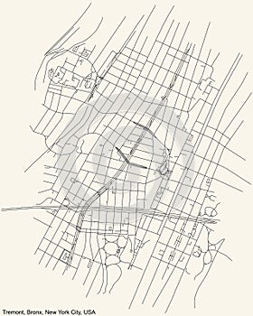 Street roads map of the Tremont neighborhood of the Bronx borough of New York City, USA