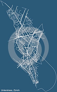 Street roads map of the Unterstrass Quarter of Zurich, Switzerland