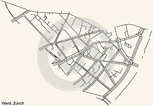 Street roads map of the Werd Quarter of Zurich, Switzerland