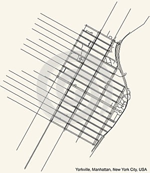Street roads map of the Yorkville neighborhood of the Manhattan borough of New York City, USA