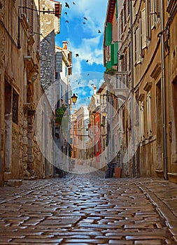 Street of Rovinj with calm, colorful building facades, Istria, Rovinj is a tourist destination on Adriatic coast of Croatia