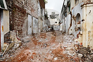 Street with ruins of demolished houses